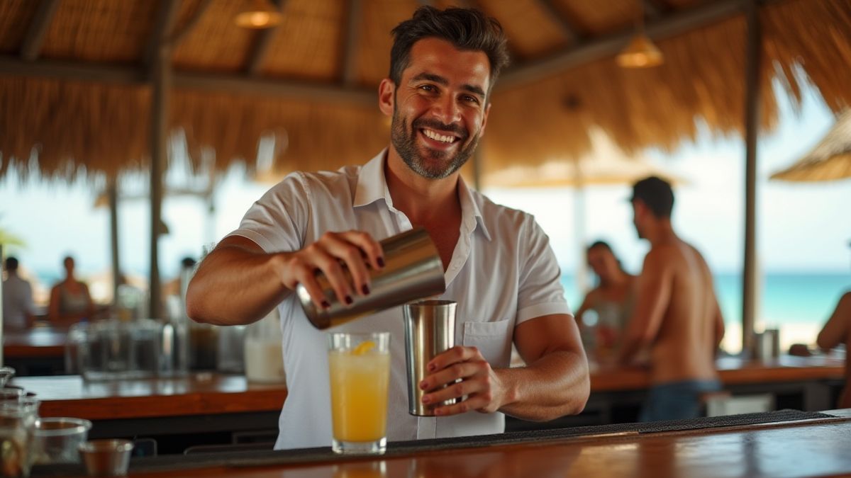 Bartender preparing cocktails in a beach bar.