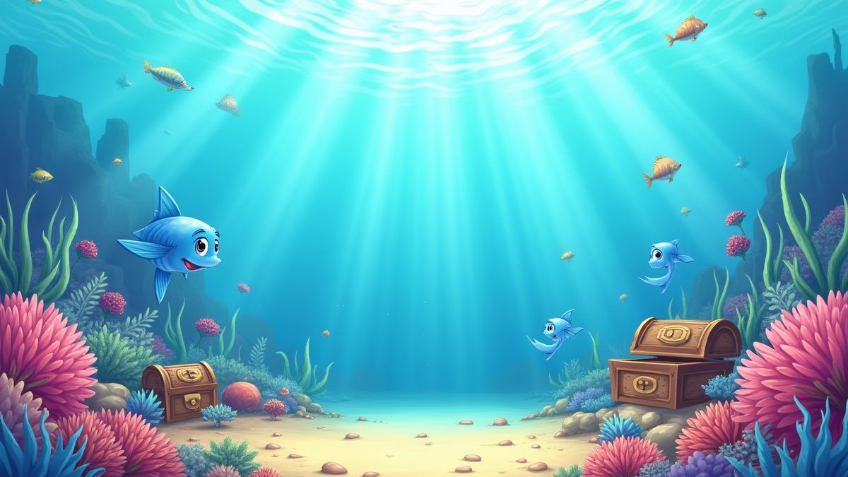 Una sirena nadando cerca de arrecifes y cofres del tesoro bajo el agua.