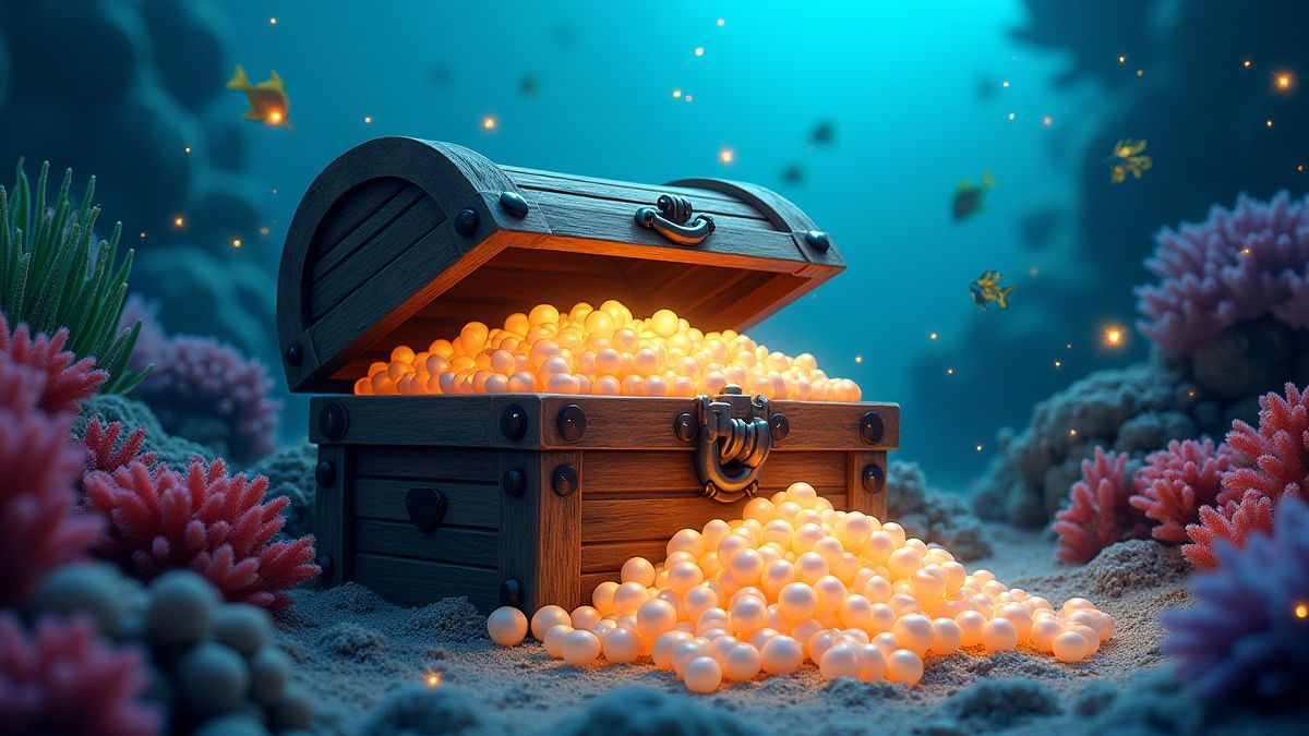 Un cofre del tesoro bajo el agua con perlas brillantes y peces nadando alrededor.