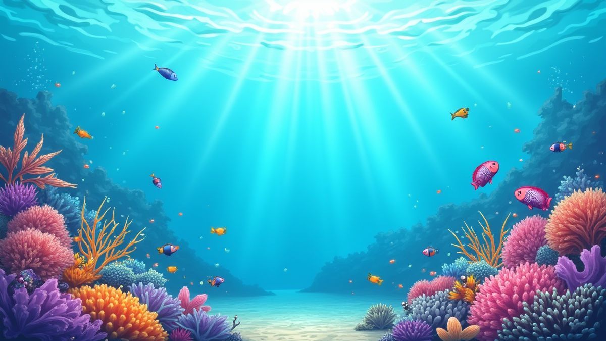 Um arrecife de coral submarino com peixes tropicais e água brilhante.