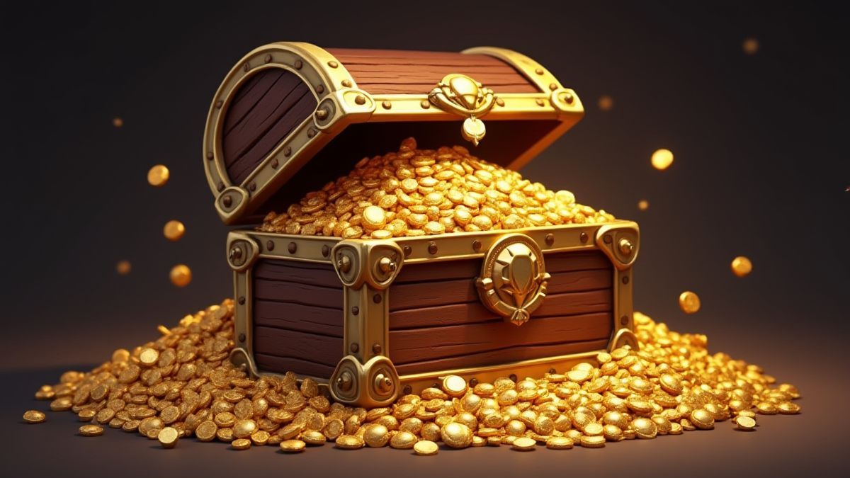 Um baú do tesouro cheio de ouro e joias brilhantes.