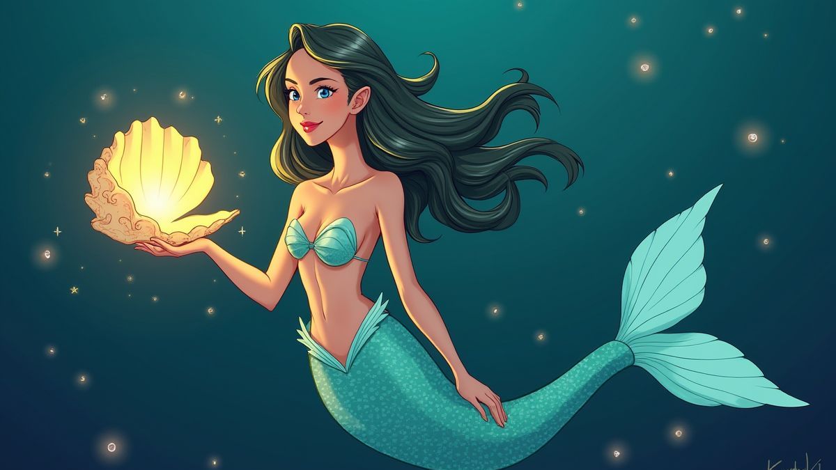 Uma sereia segurando uma concha do mar brilhante.