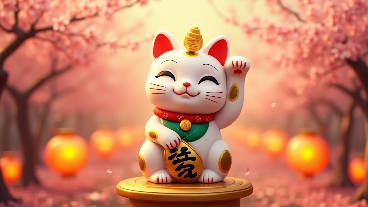 A lucky Japanese cat sitting on a golden pedestal surrounded by cherry blossoms.