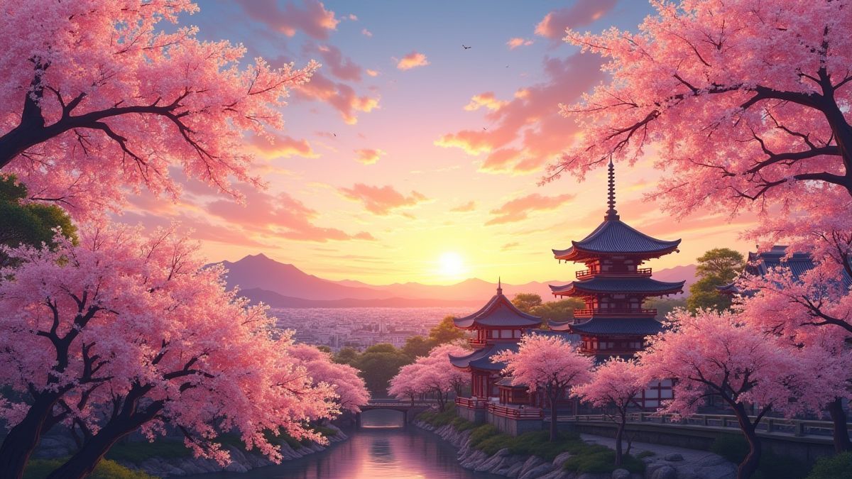 Cherry blossoms and traditional Japanese architecture under a sunset sky.