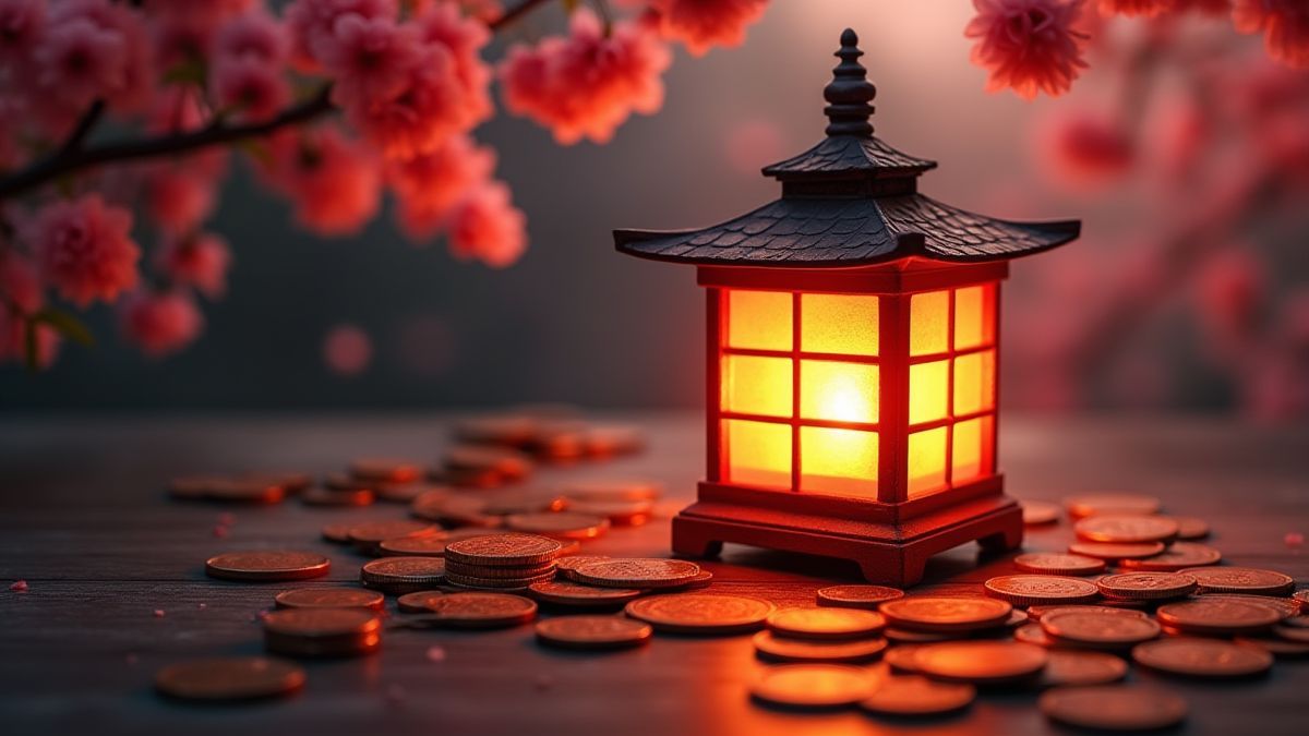 A glowing Japanese lantern surrounded by coins and cherry blossoms.