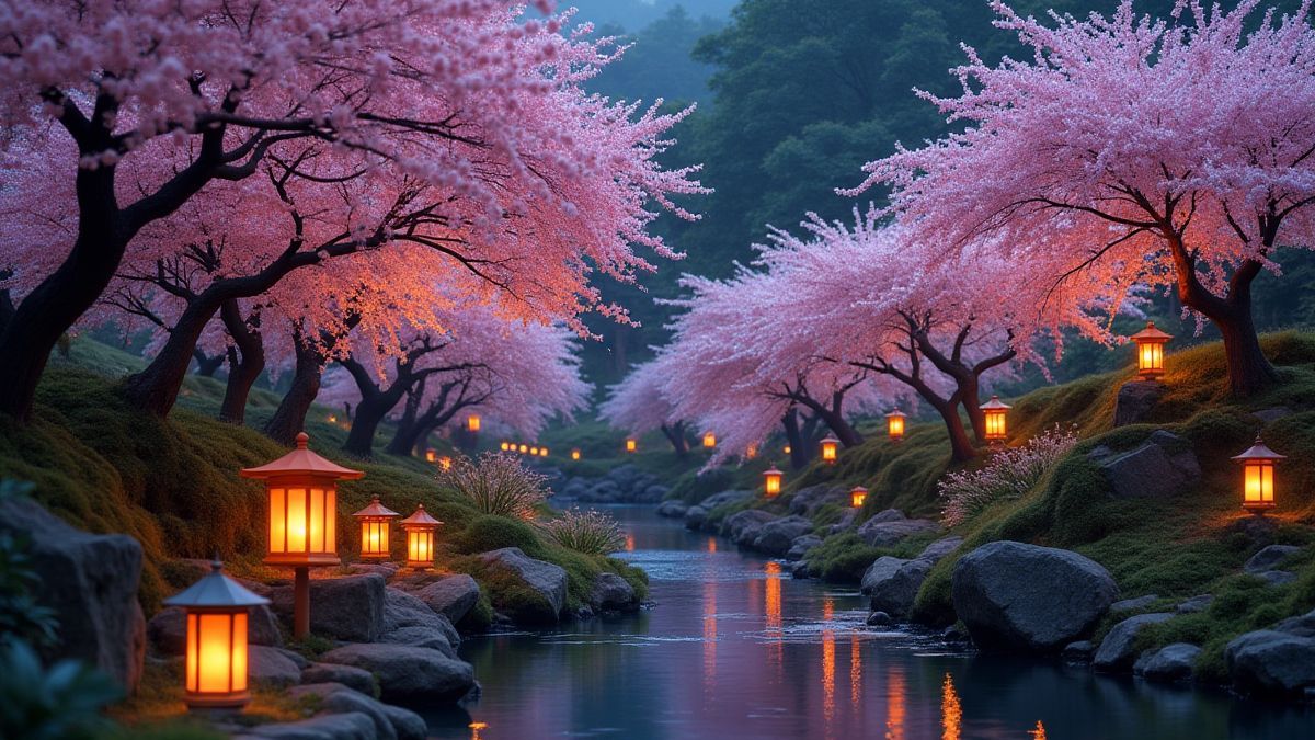 Japanse tuin met kersenbloesems en verlichte lantaarns