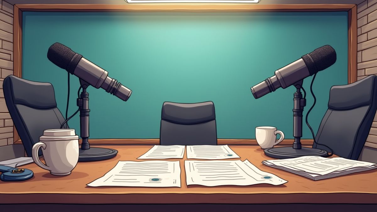 Mesa de noticias animada con micrófonos y papeles.