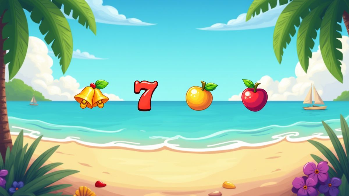 Fruchtsymbole, Glocken und die Zahl 7 in einem tropischen Animationsdesign.