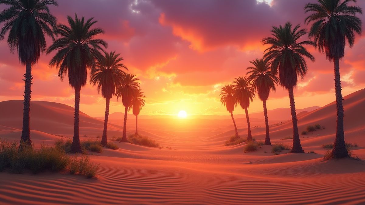 An oasis in the desert with palm trees and golden sand under a vibrant sky.