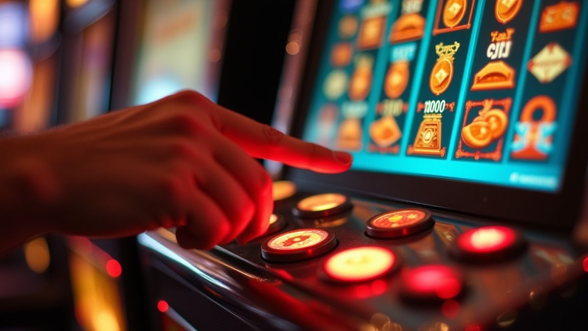 A hand pressing the button of a slot machine with desert icons on the screen.