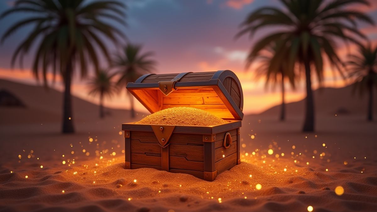 A glowing treasure chest in a desert surrounded by sand and palm trees.