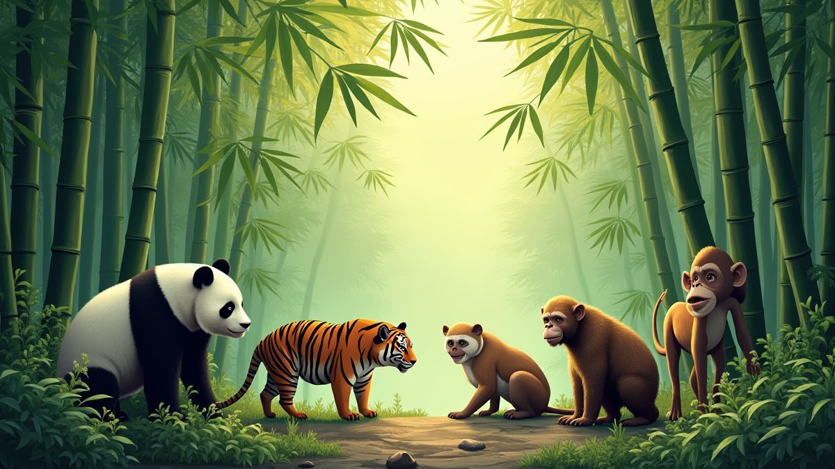 Bamboo forest with animals like pandas, tigers, and monkeys.