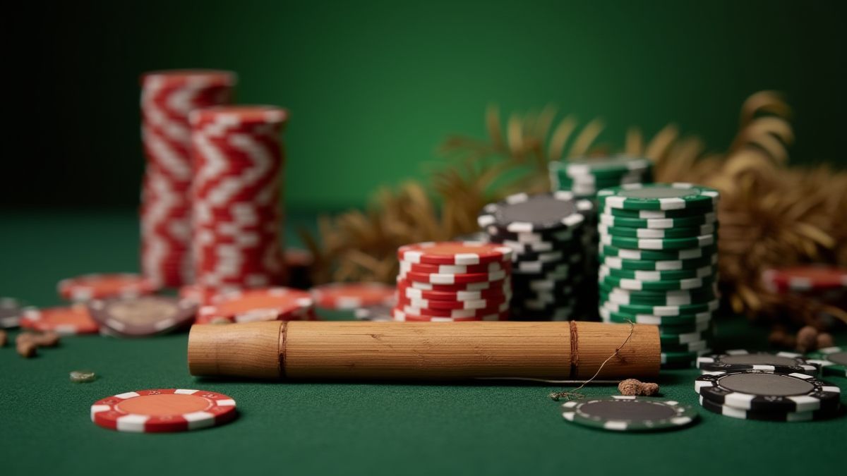 Casino chips and bamboo-themed betting controls.
