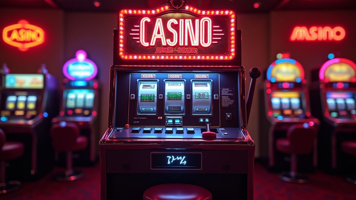 Eine Spielautomaten im Retro-Stil mit Neonlichtern und Vintage-Casino-Elementen.