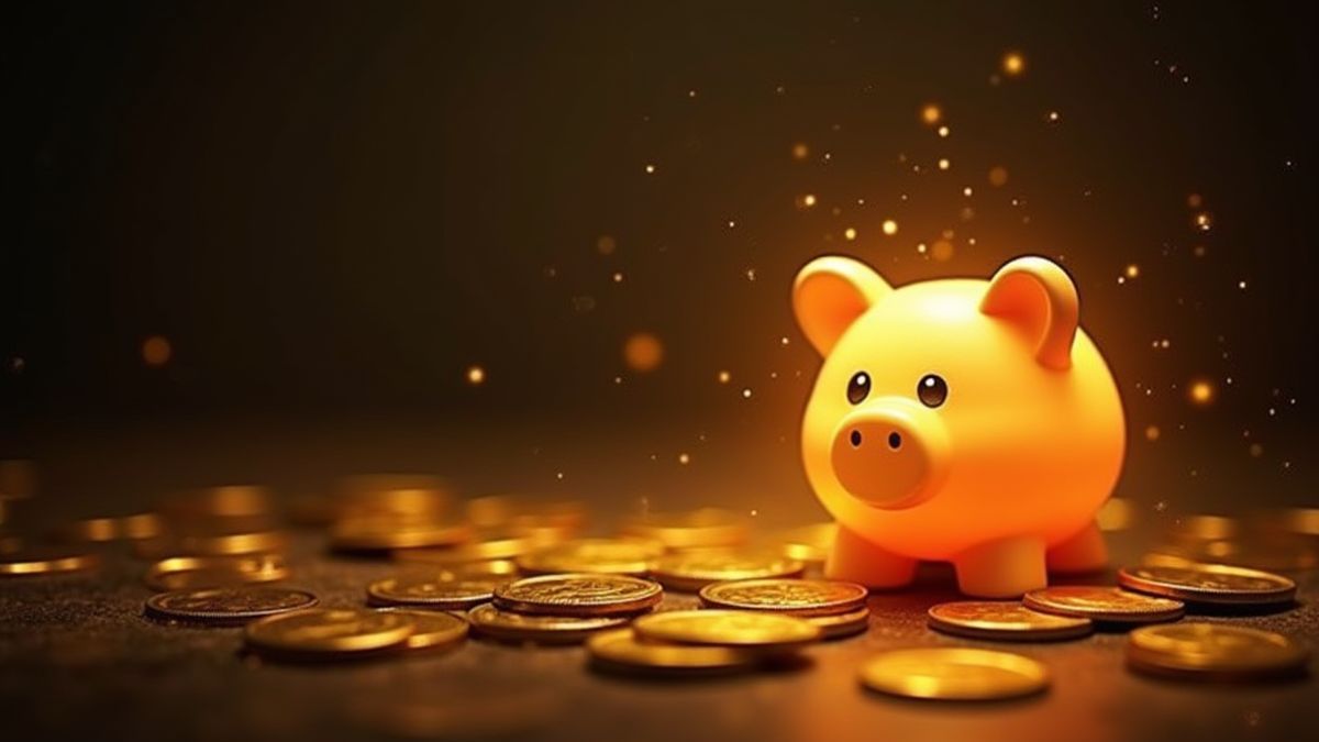 Ein Stapel glänzender Goldmünzen neben einem Sparschwein, das mit einer magischen Aura leuchtet.