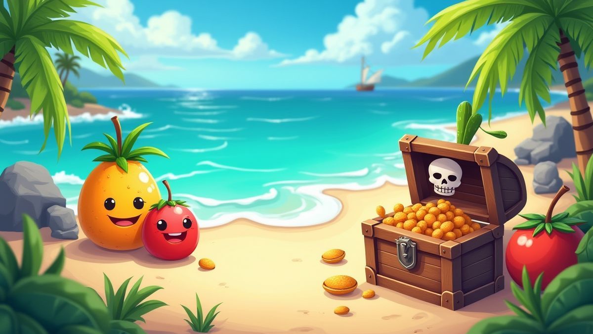 Ein tropischer Strand mit Piratenfrüchten und einer Schatzkiste.