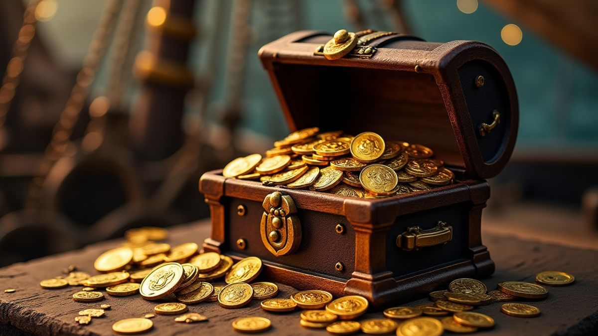 Eine Schatzkiste voller Goldmünzen und Juwelen auf einem Piratenschiff.