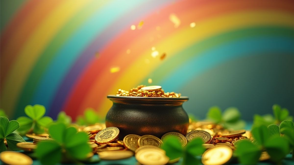 Regenboog met een pot goud omringd door munten en klavertjes.