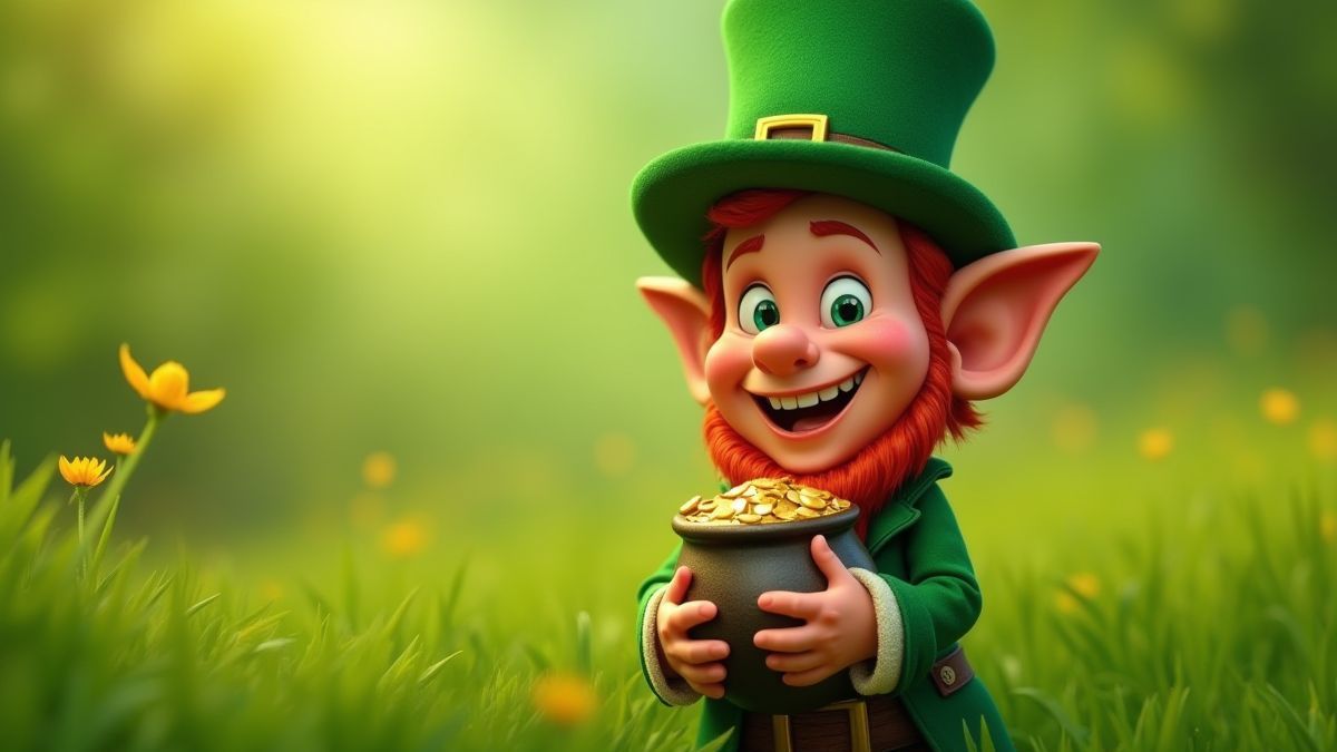 Vrolijke elf die een pot goud vasthoudt in een groene weide.