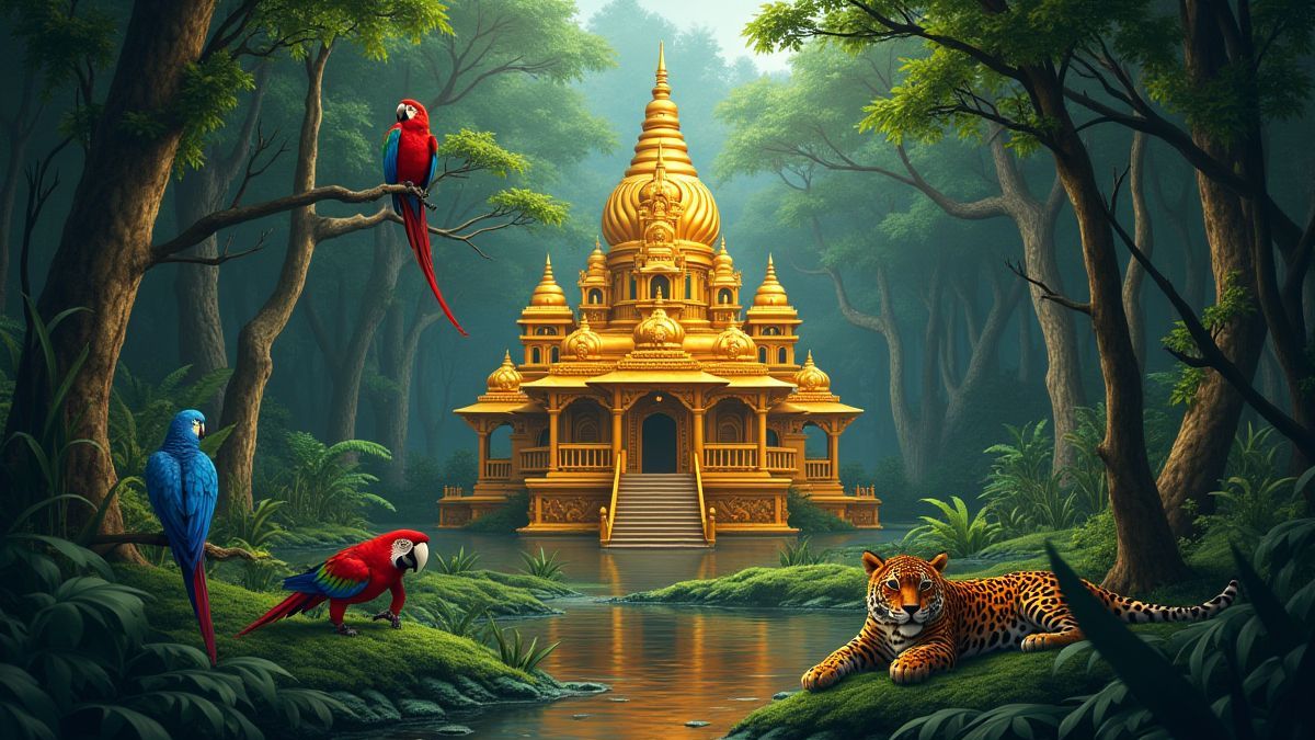 Een gouden tempel omringd door jungle dieren zoals papegaaien en luipaarden.