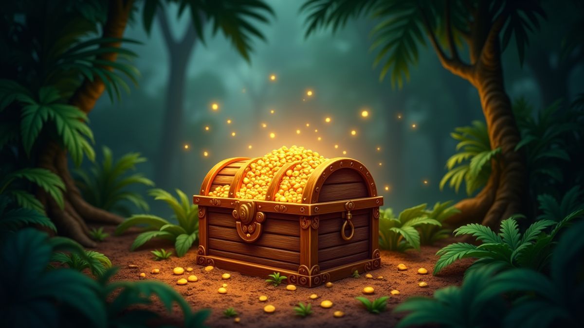 Een stralende jackpotkist omringd door jungle vegetatie.