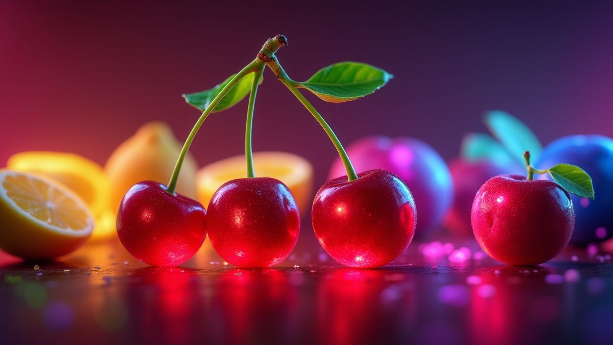 Símbolos de frutas brilhantes como cerejas e limões em cores neon.