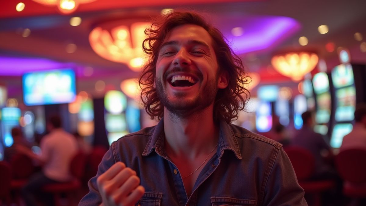 Jogador feliz celebrando uma grande vitória em um casino vibrante.