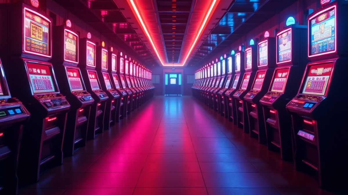 Corredor de cassino iluminado com máquinas clássicas.