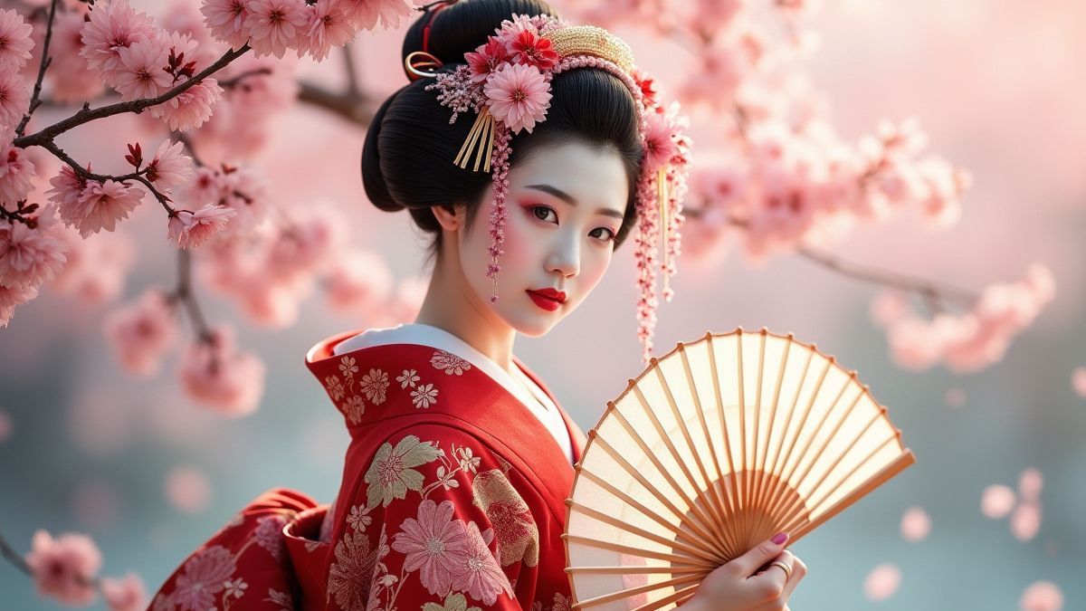 Una Geisha japonesa sosteniendo un abanico tradicional rodeada de cerezos en flor.