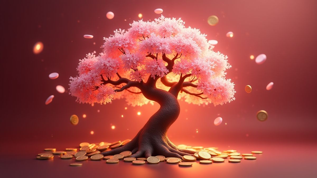 Un árbol de cerezo brillante con monedas cayendo alrededor, simbolizando suerte y ganancias.