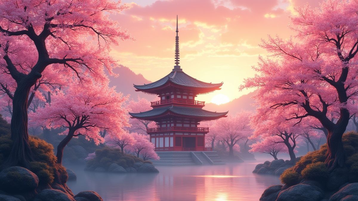 Un templo japonés sereno rodeado de cerezos en flor bajo un suave atardecer.