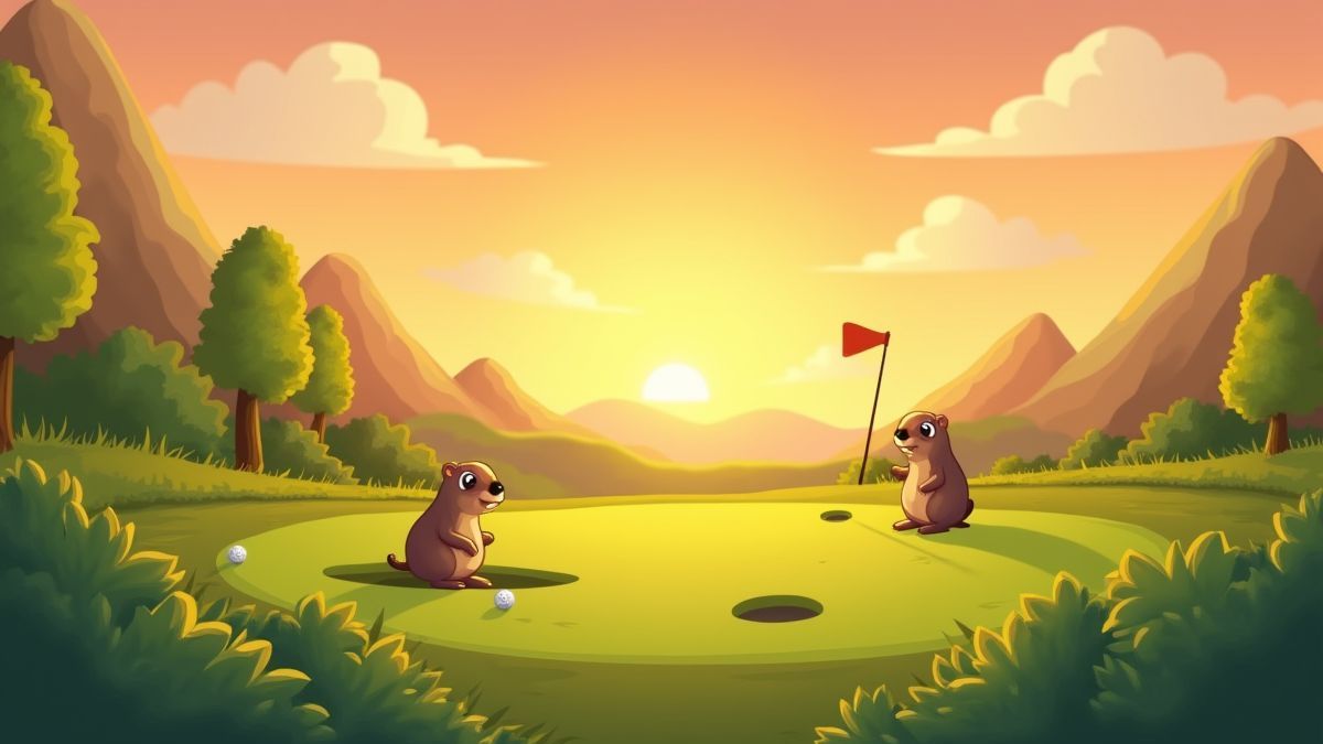 Animierter Golfplatz mit einem Sonnenuntergang im Hintergrund und spielerischen Gophers