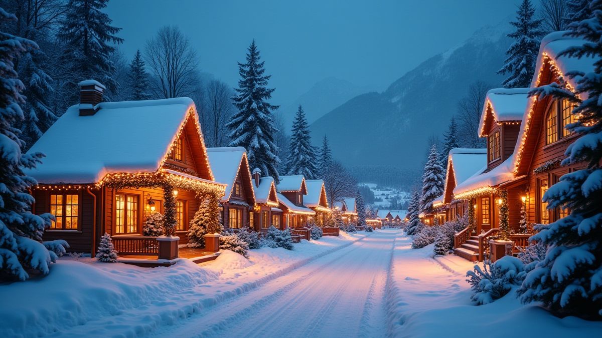 Weihnachtliches Dorf mit leuchtenden Lichtern und Schnee.