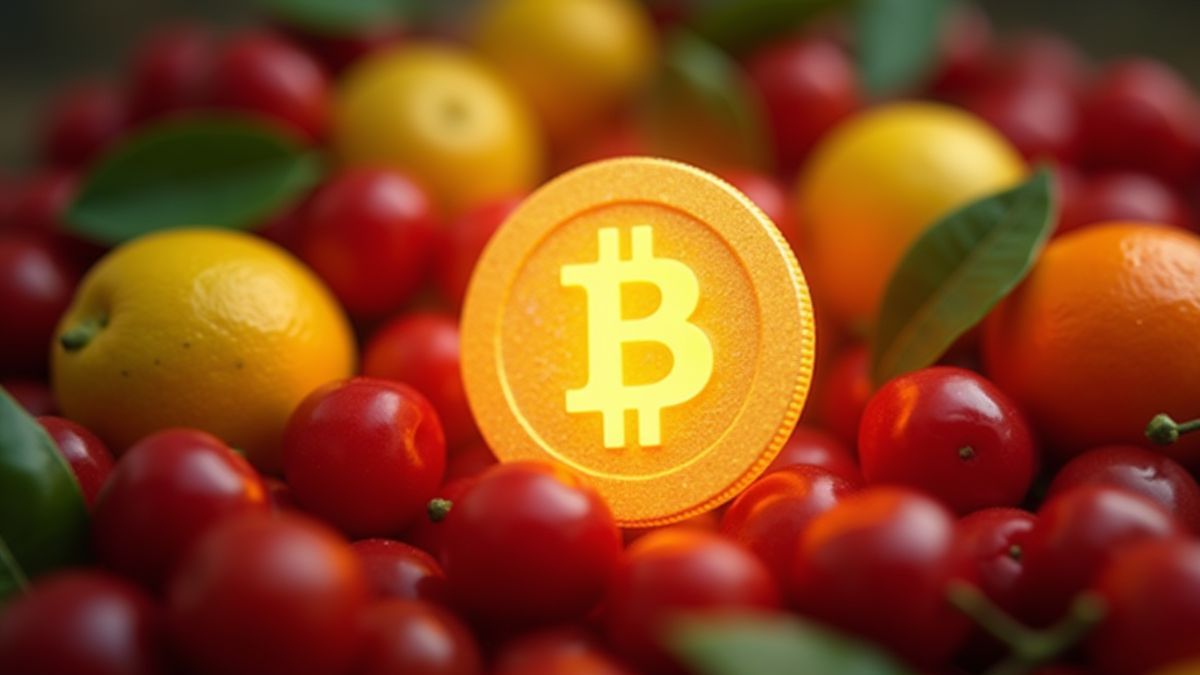 Fruits colorés comme cerises et citrons avec une pièce dorée au centre.