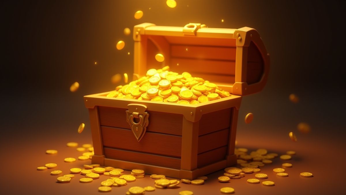 Coffre au trésor rempli de pièces dorées et de lumière éclatante.