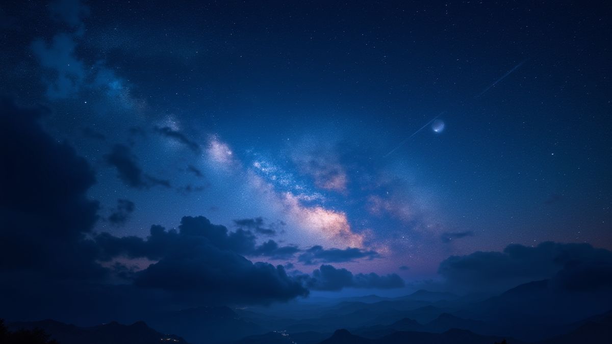Céu noturno místico com constelações brilhantes e estrelas fugazes.