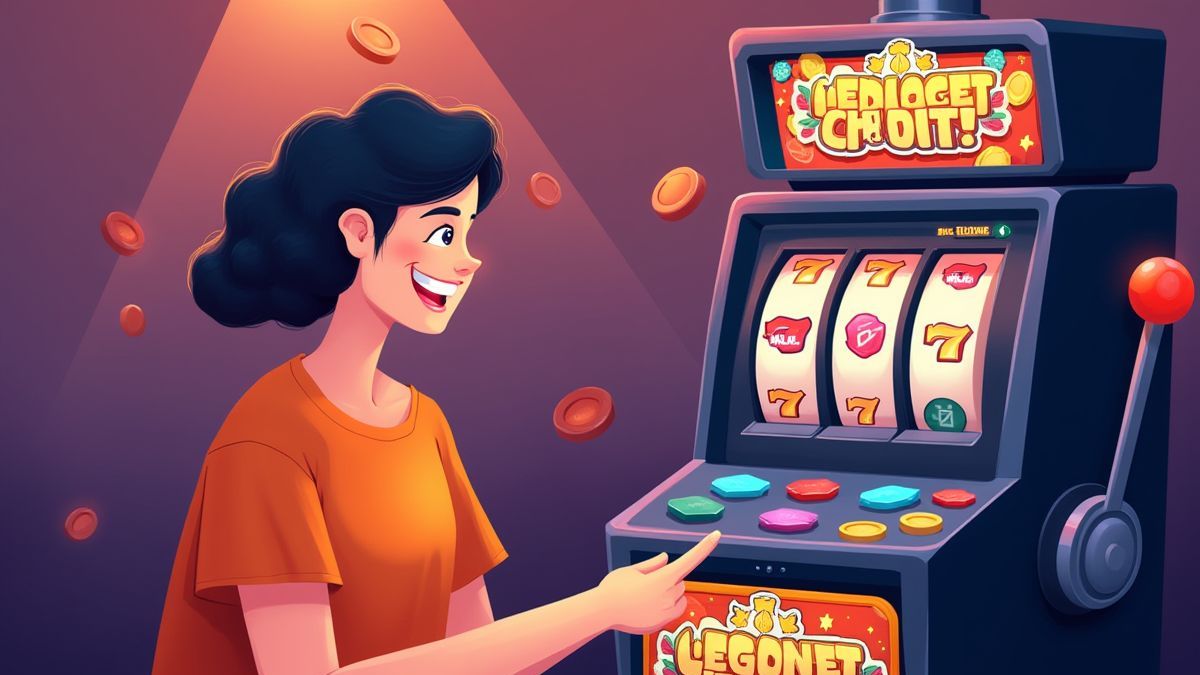 Pessoa feliz jogando a uma máquina caça-níqueis com estrelas e moedas ao redor.