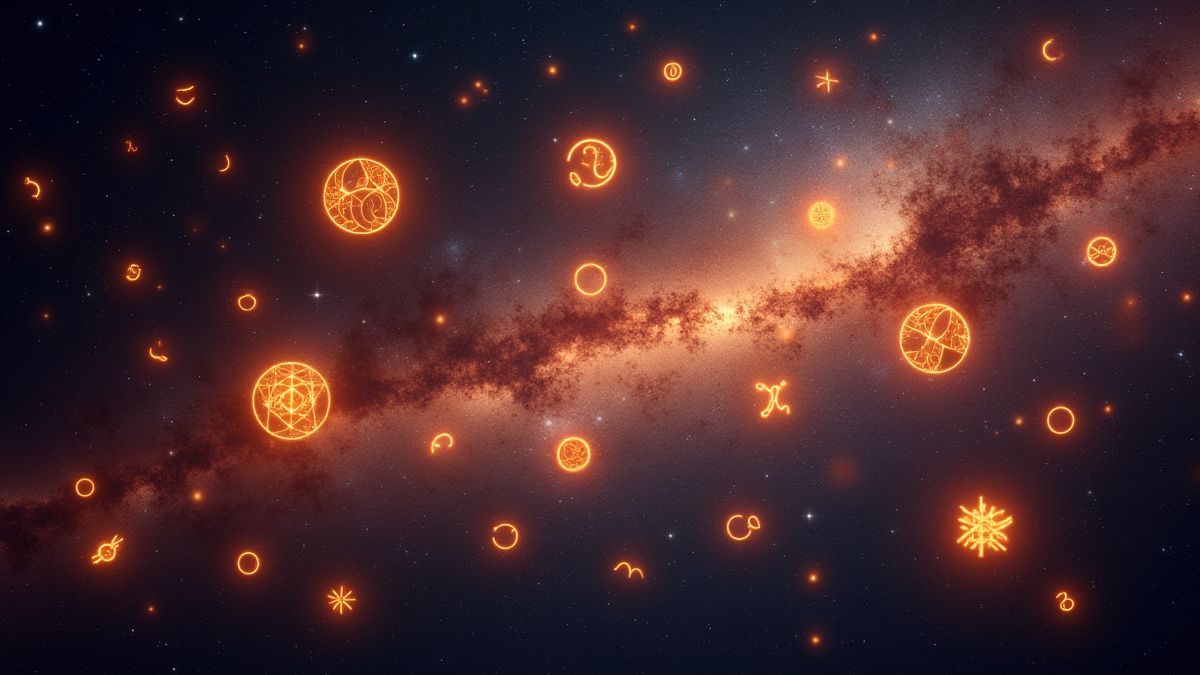 Glowing zodiac symbols in a cosmic galaxy background
