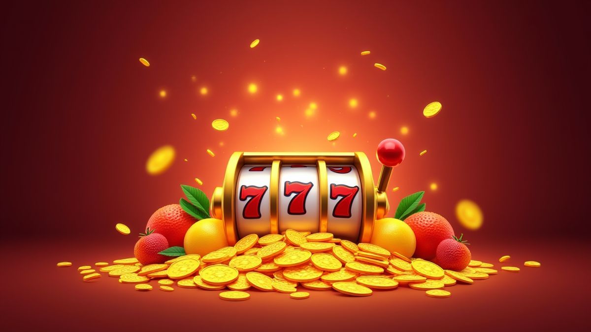 Golden coins surrounded by bright fruits in an animated design.