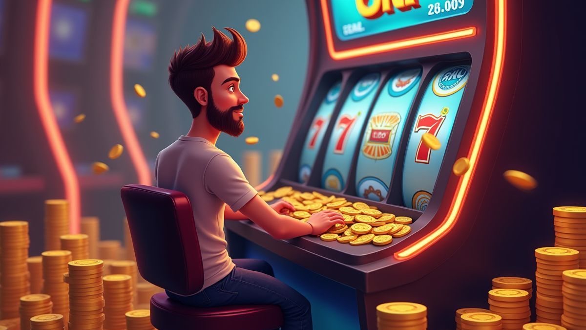 Player beside a slot machine surrounded by piles of coins.