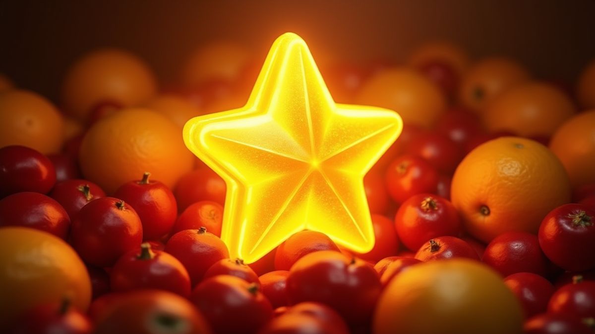 Una estrella dorada rodeada de frutas brillantes como cerezas y limones.