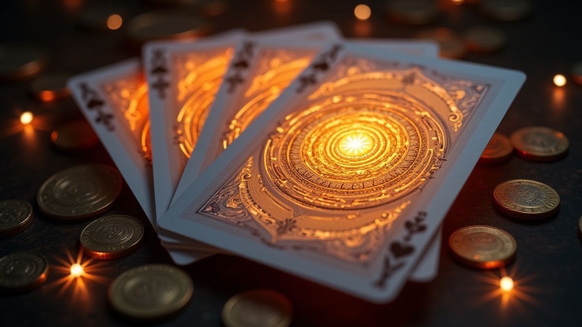 Una baraja de cartas con efecto brillante rodeada de monedas y estrellas.