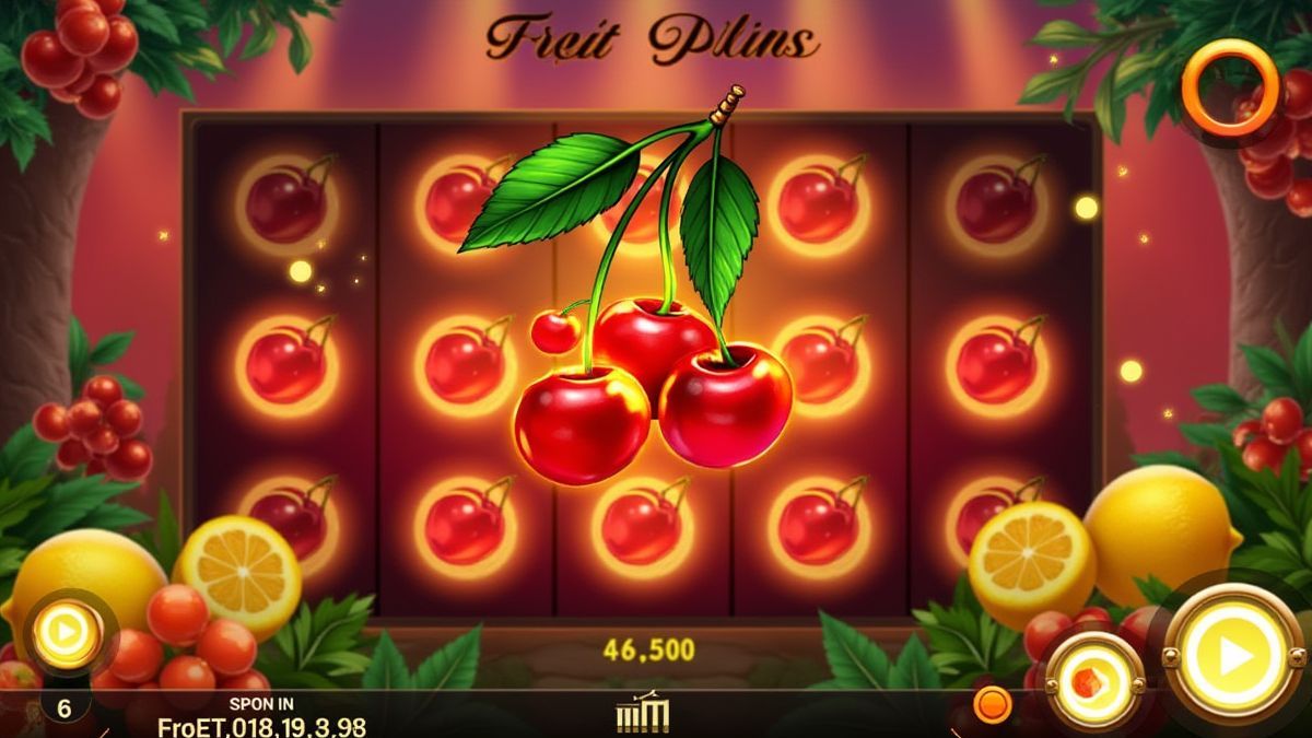 Interfaz de slot temática de frutas con cerezas y limones brillantes.