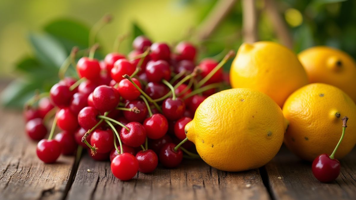Frutas brilhantes e coloridas em uma mesa de madeira.