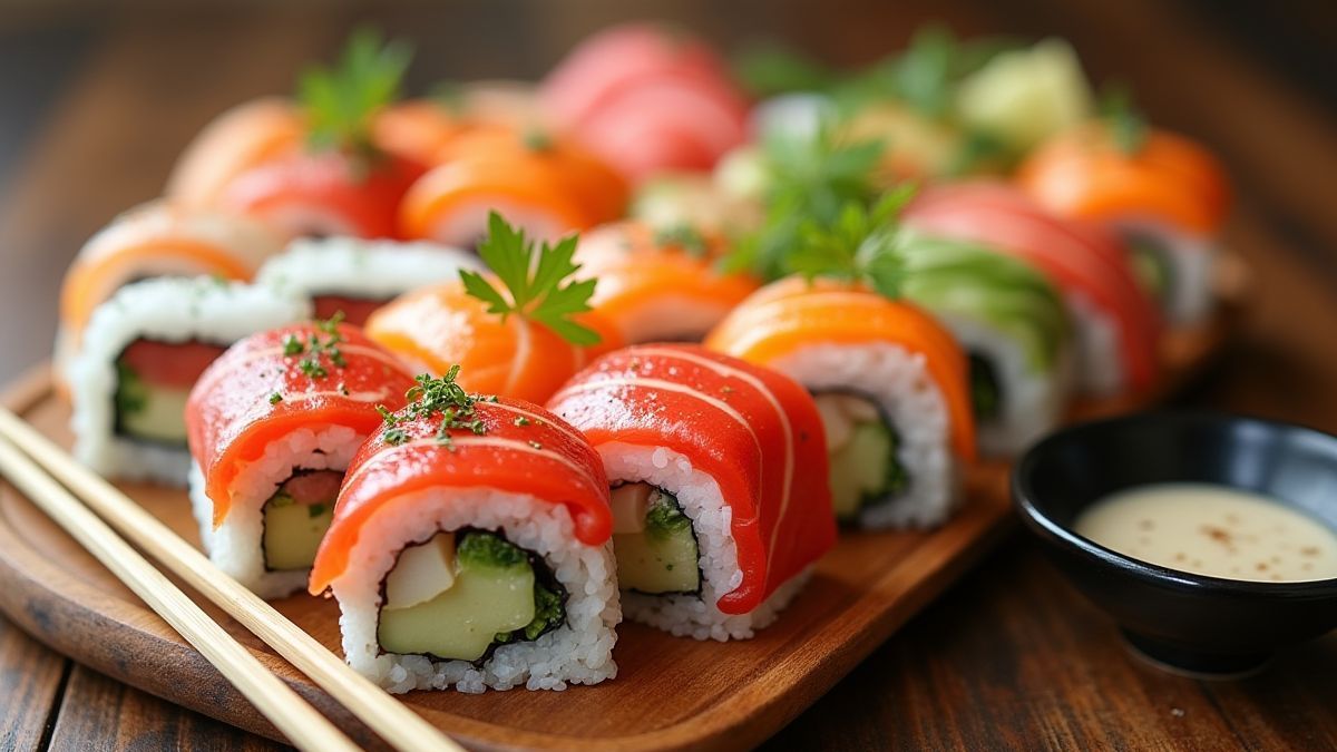 Varied sushi platter with chopsticks and soy sauce.