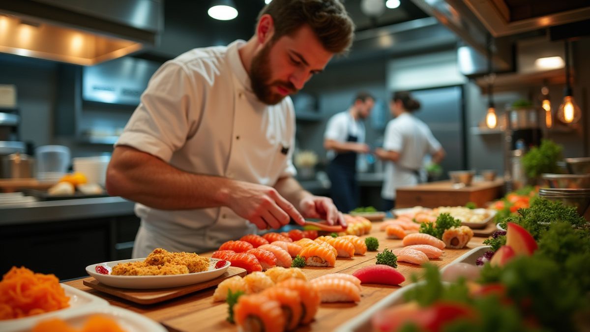 Chef preparing sushi in a lively kitchen.