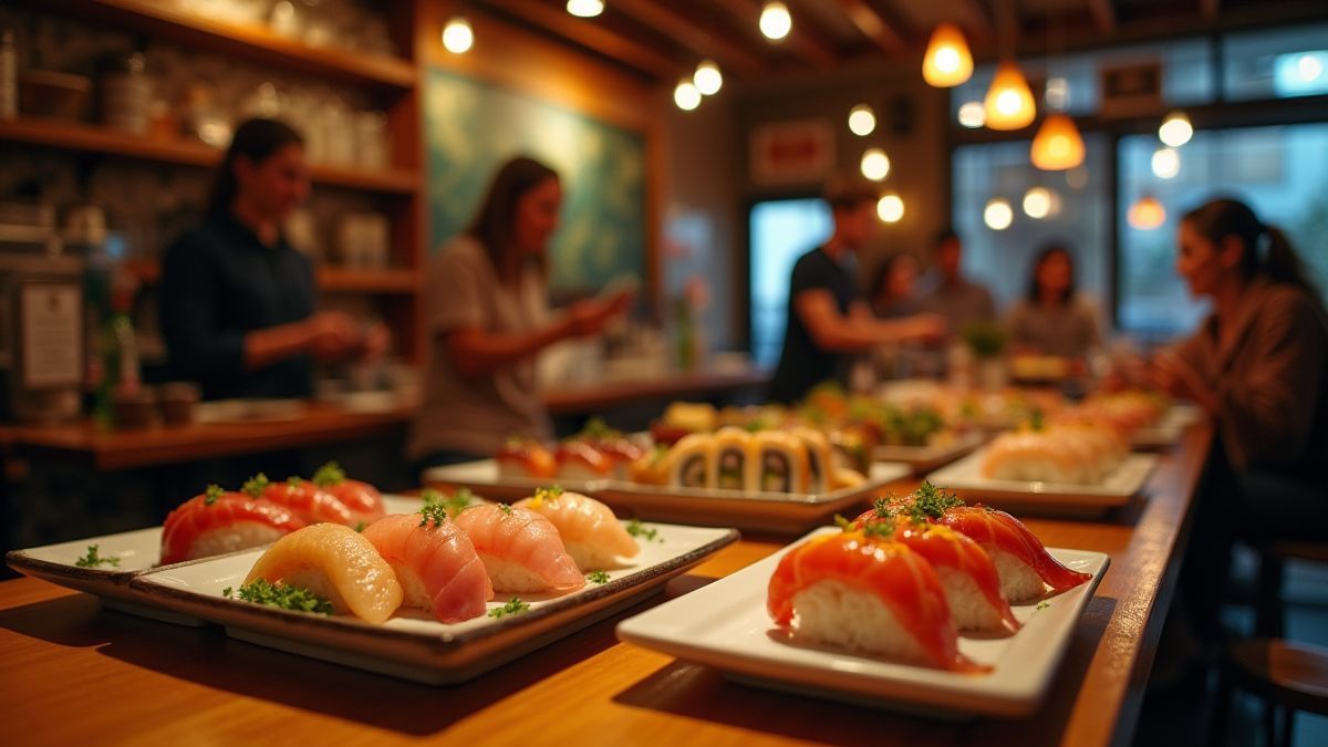 Cozy sushi bar with customers enjoying sushi.