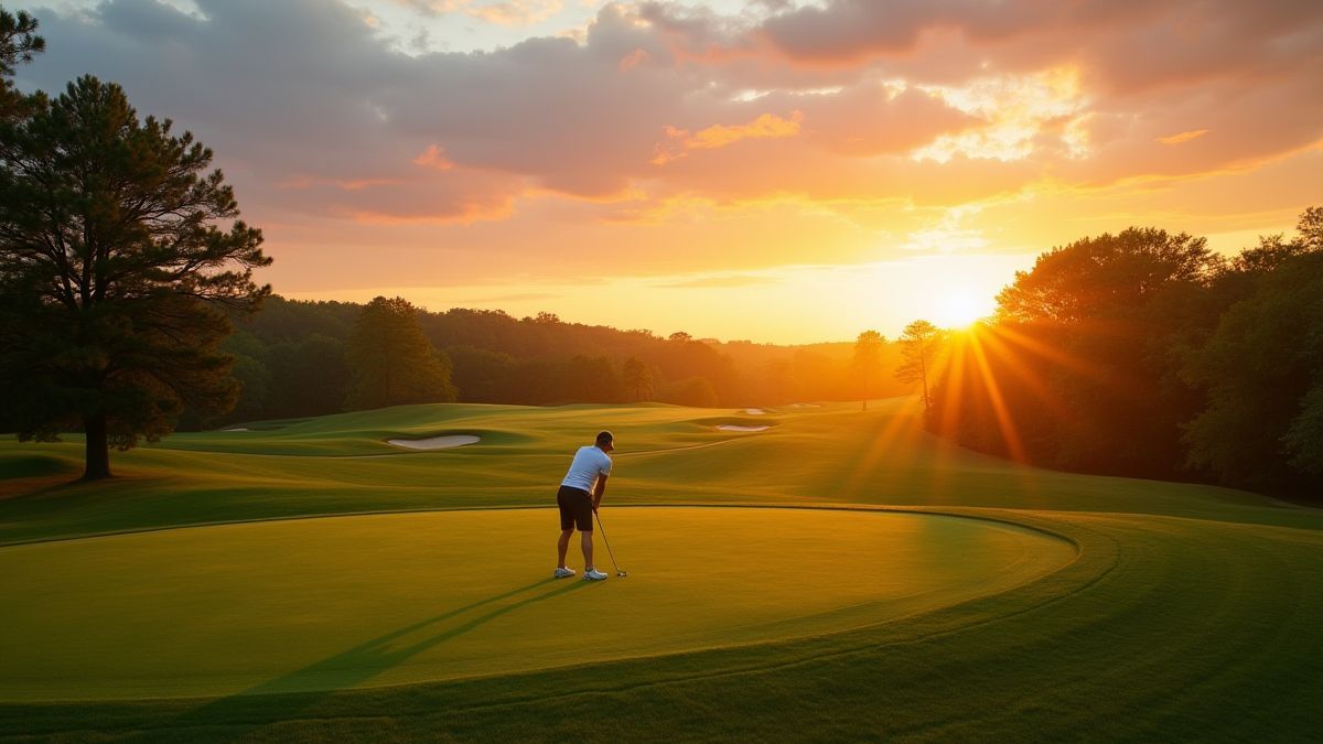 A golf course at sunset with a golfer in action.