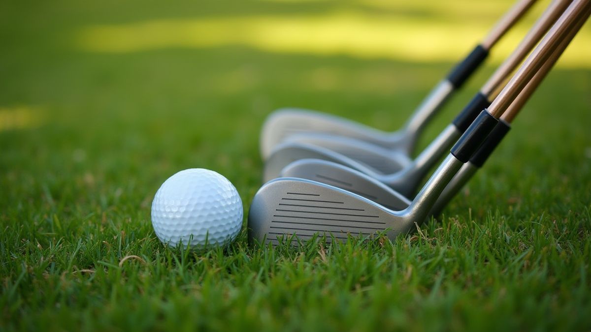 Golf clubs resting on a grassy field.