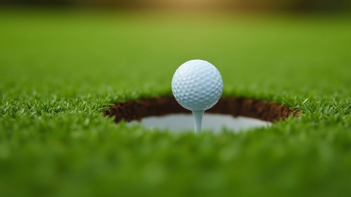 A golf ball rolling towards the hole.
